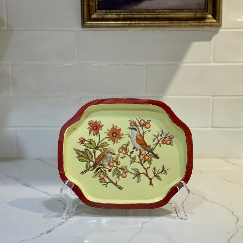 Floral Bird Design Tray - Red and Cream